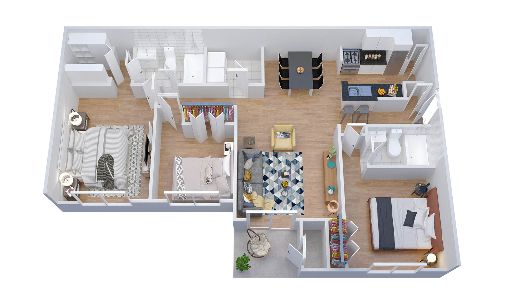 Floor plan for 3 beds, 2 baths, 1168 sqft